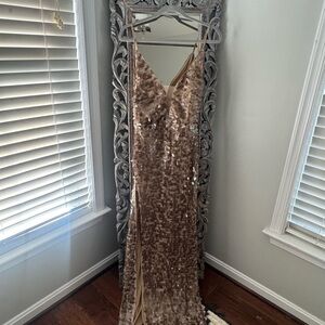 Fashion Nova Shimmering Tan Sequin Gown